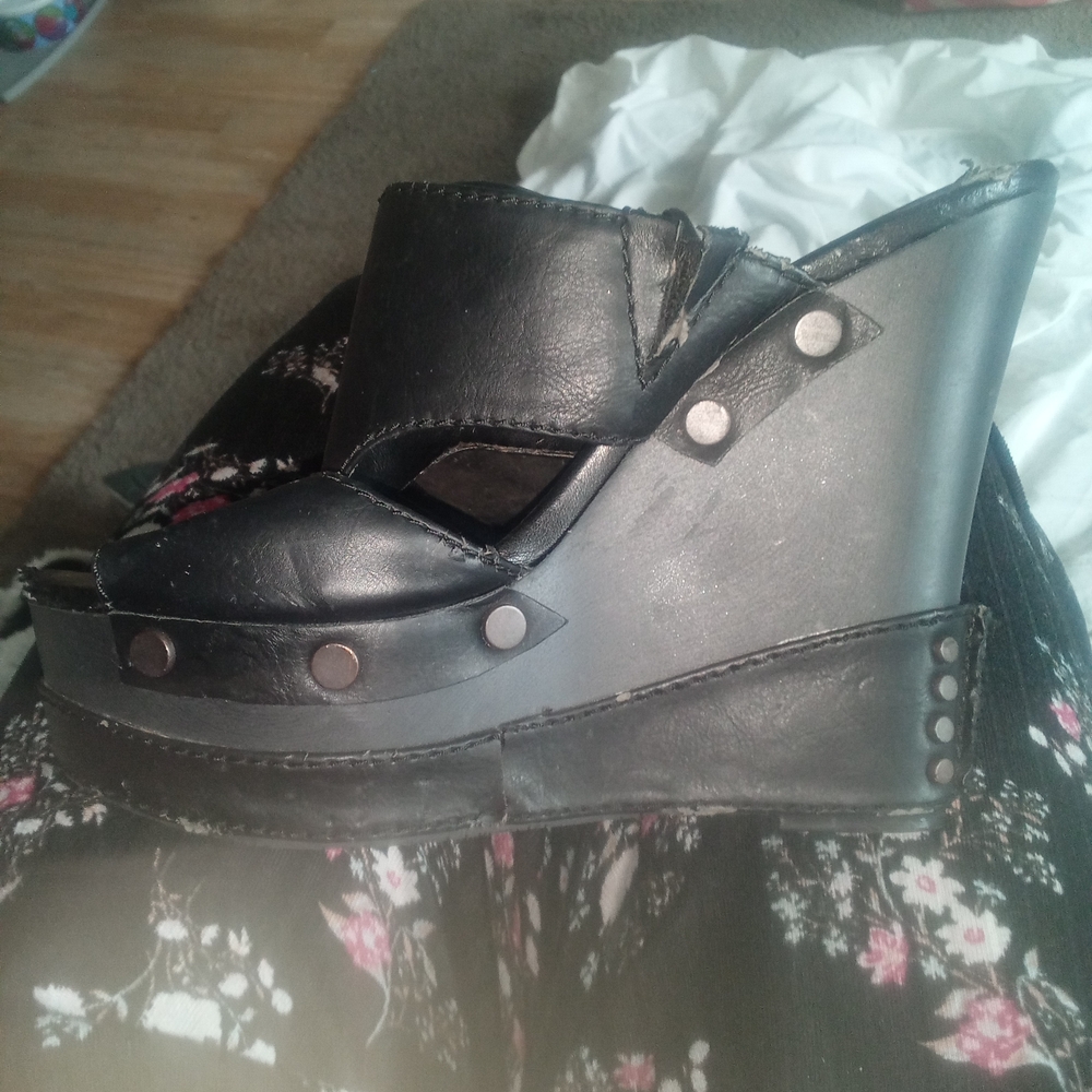 Calvin Klein Black Leather Wedge Mules